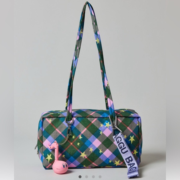 NWT BAGGU Nylon Bowler Bag Green Star Plaid - Picture 9 of 11